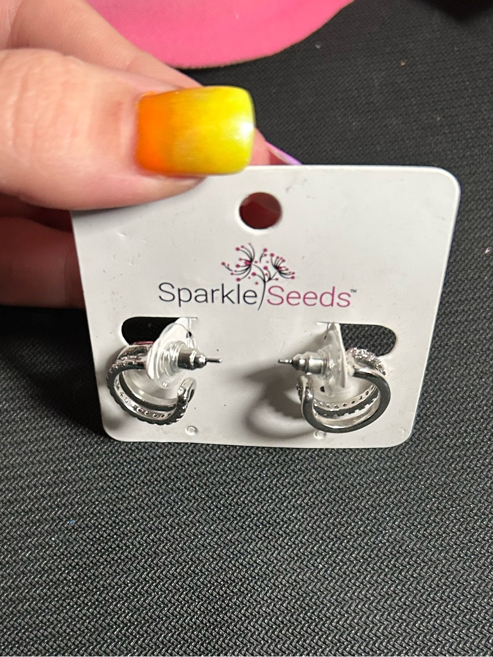 Sparkle Seeds Silver Pave CZ Double Band Hoop Stud Earrings NWT